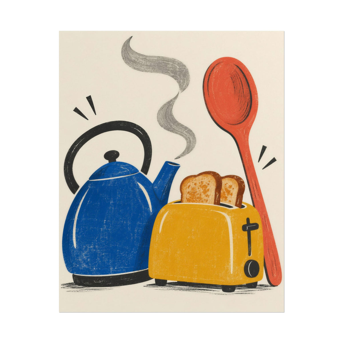 Kitchen Chorus art print by Cozy Prints UK: retro blue kettle, yellow toaster and coral spoon illustration.