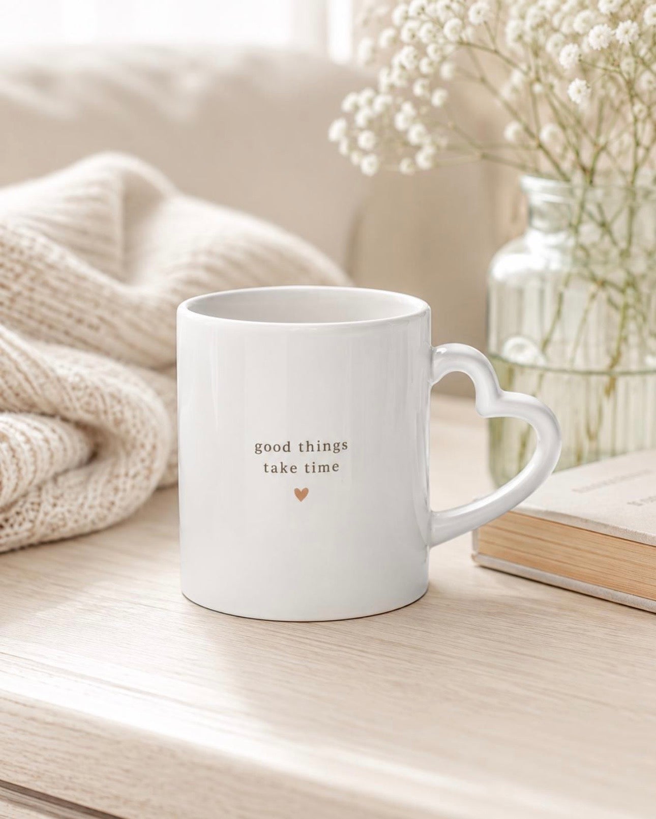 Good Things Take Time Heart Handle Mug
