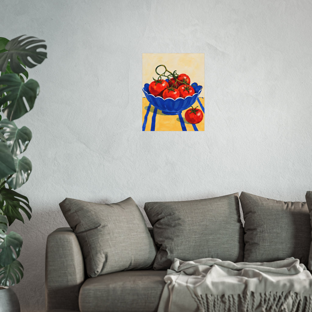 Red tomatoes in a scalloped blue bowl on a yellow and blue striped tablecloth; matte art print, shown unframed above a grey sofa for room styling