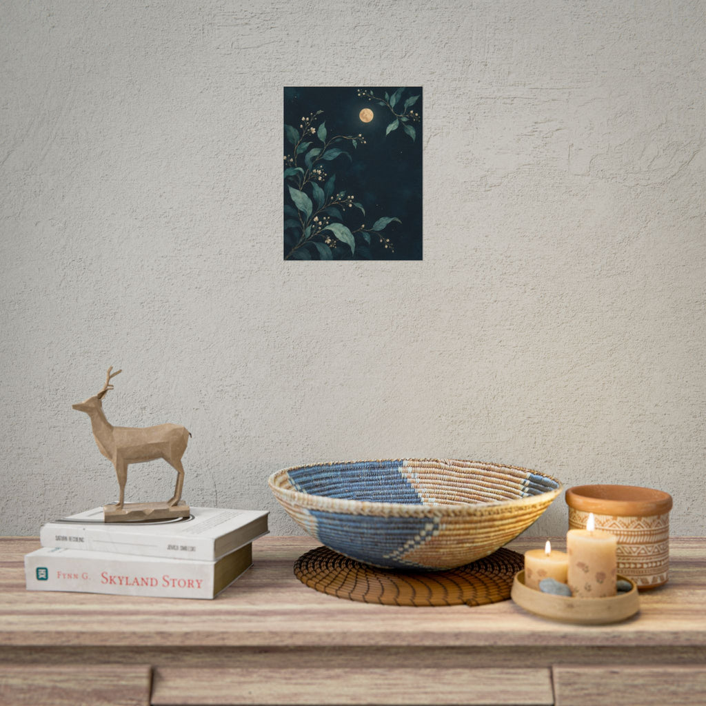 Night Garden art print by Cozy Prints UK: moonlit leafy branches and pale buds on a deep teal background.