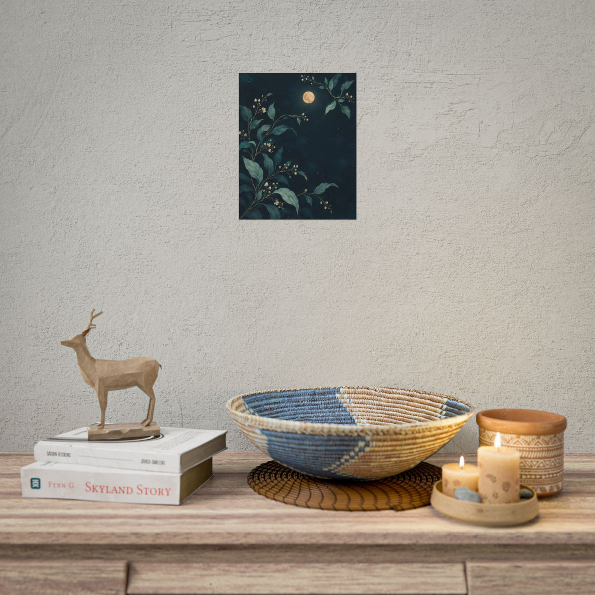Night Garden art print by Cozy Prints UK: moonlit leafy branches and pale buds on a deep teal background.