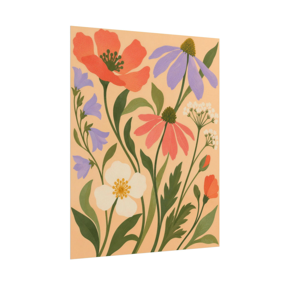 Pocket Meadow art print by Cozy Prints UK: coral and lilac wildflowers with green stems on an apricot background.