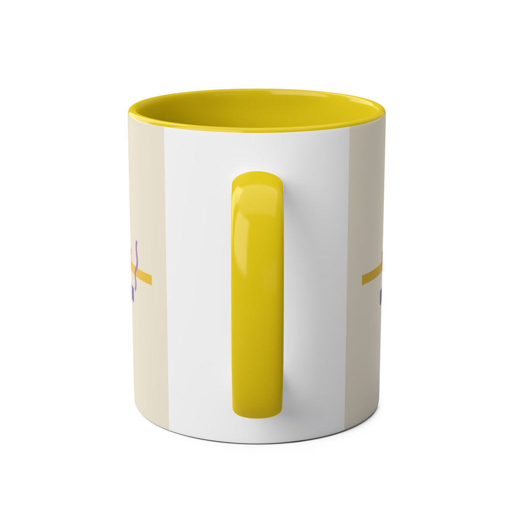 Handle view of the Off Duty On Brew 11oz ceramic mug, showing its yellow handle and interior with the artwork on both side faces