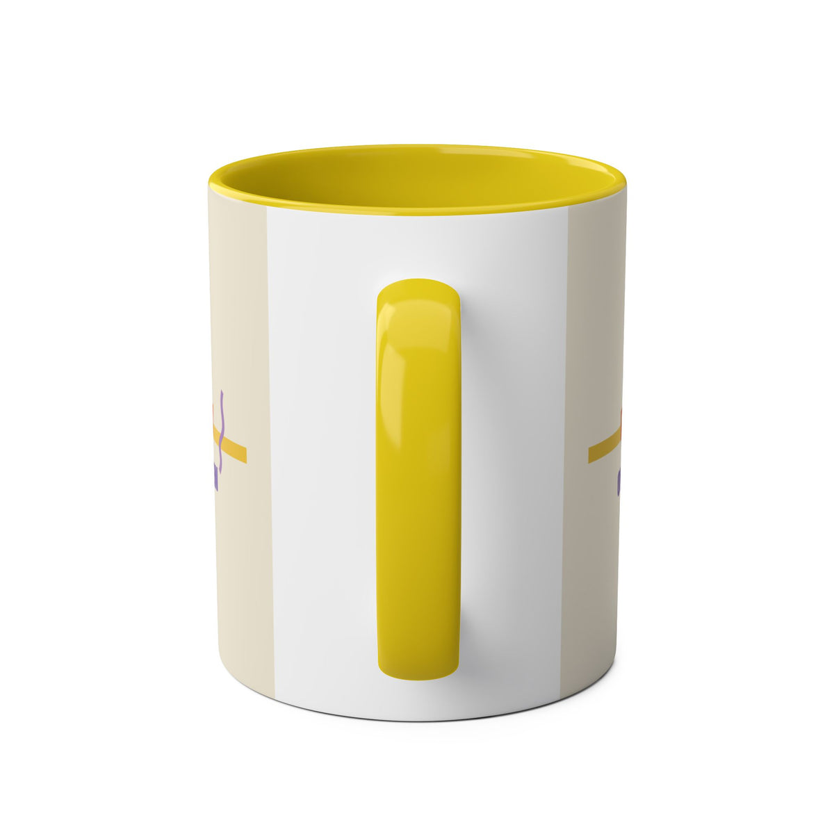 Handle view of the Off Duty On Brew 11oz ceramic mug, showing its yellow handle and interior with the artwork on both side faces