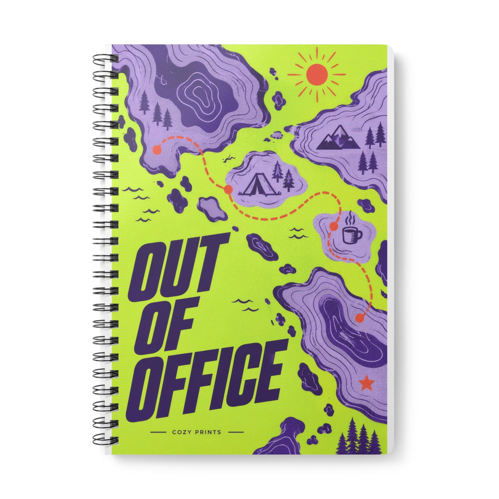 Out of Office A5 notebook by Cozy Prints UK: lime-and-purple decorative map cover with “OUT OF OFFICE” lettering.