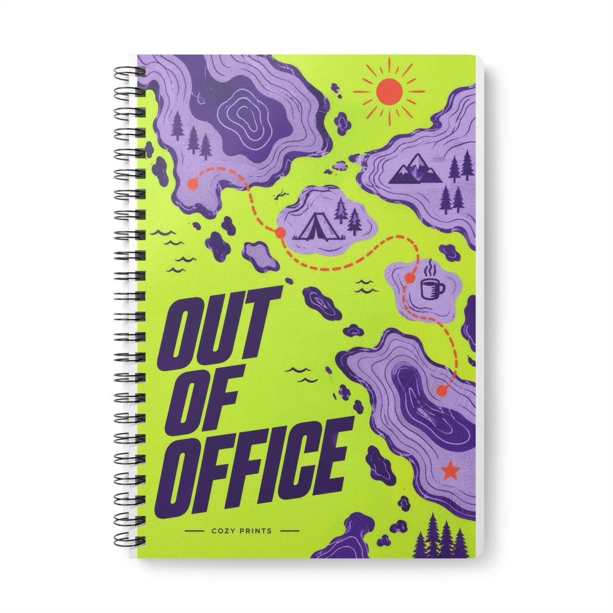Out of Office A5 notebook by Cozy Prints UK: lime-and-purple decorative map cover with “OUT OF OFFICE” lettering.