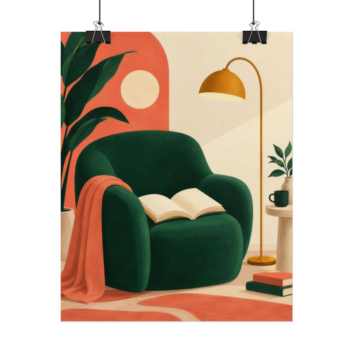 One More Chapter art print by Cozy Prints UK: emerald reading chair with an open book, ochre lamp and coral accents.