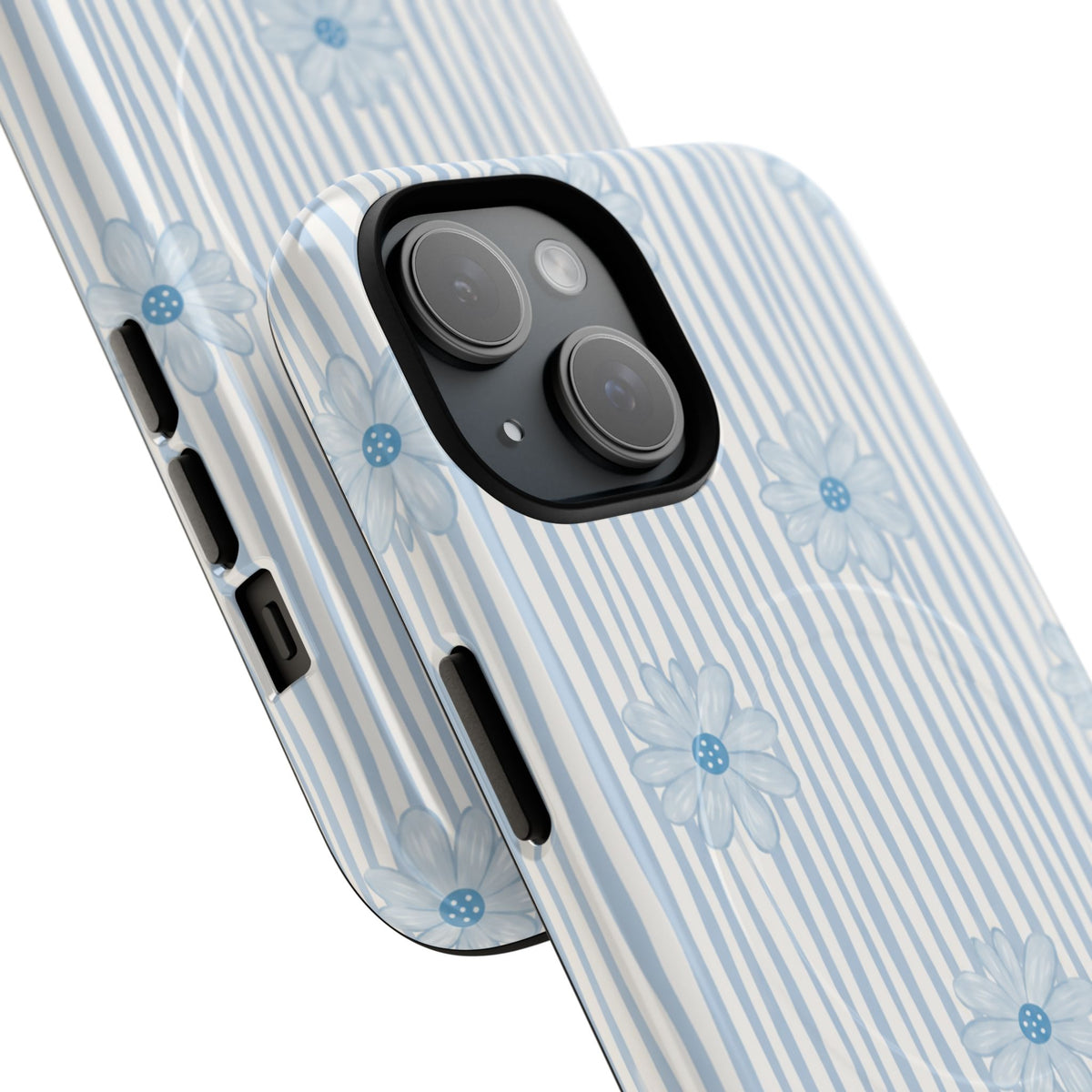 Close-up of two Blue Ditsy Floral cases showing blue stripes, daisies, camera surrounds and side buttons.