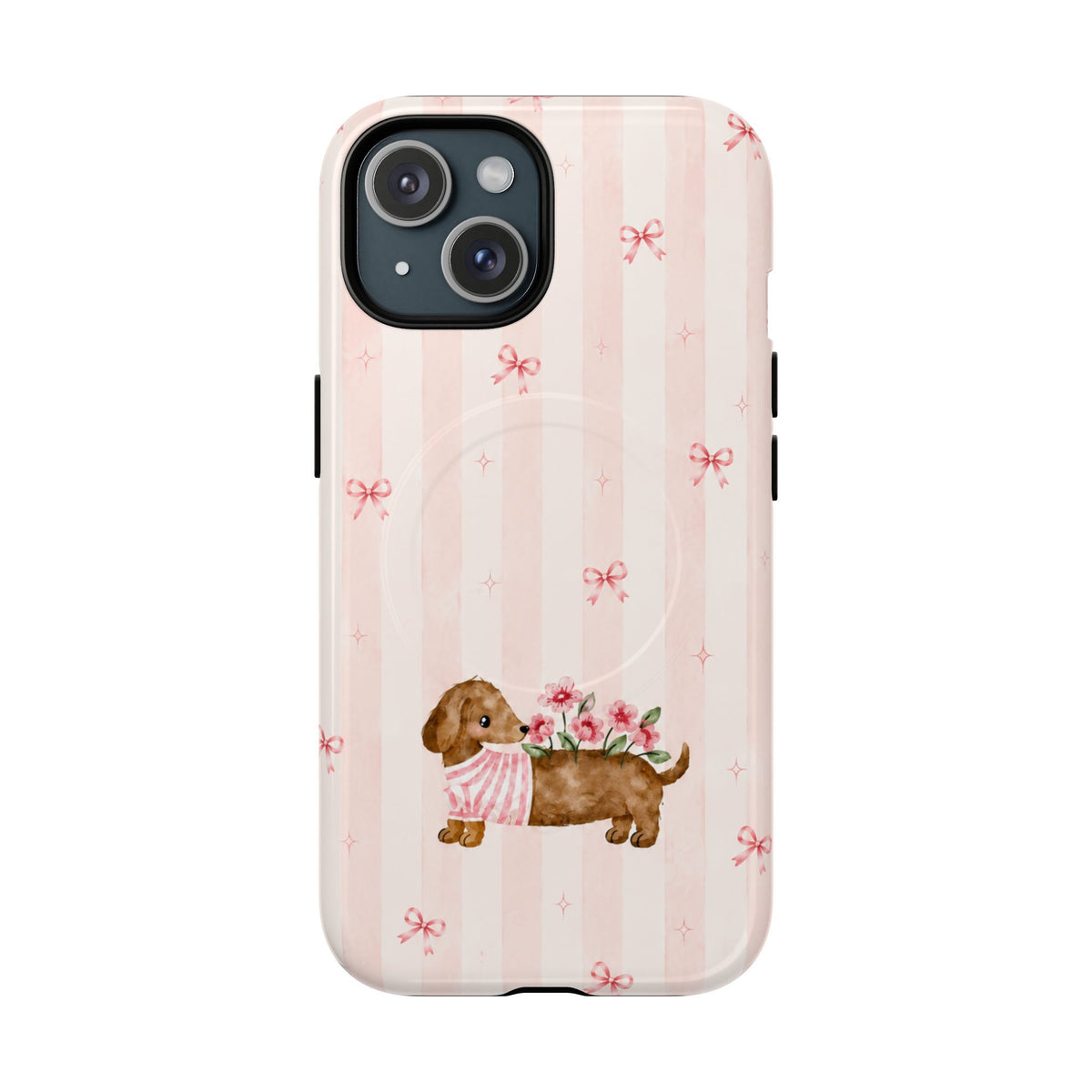 Rear view of the Dachshund and Flowers case, showing a brown dachshund with flowers, pink stripes and tiny bows.