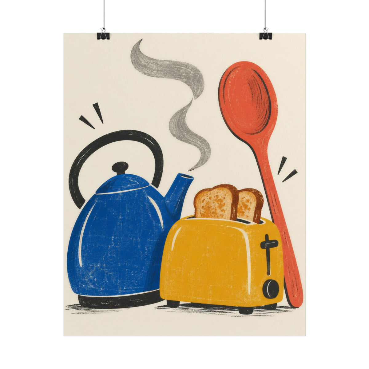 Kitchen Chorus art print by Cozy Prints UK: retro blue kettle, yellow toaster and coral spoon illustration.