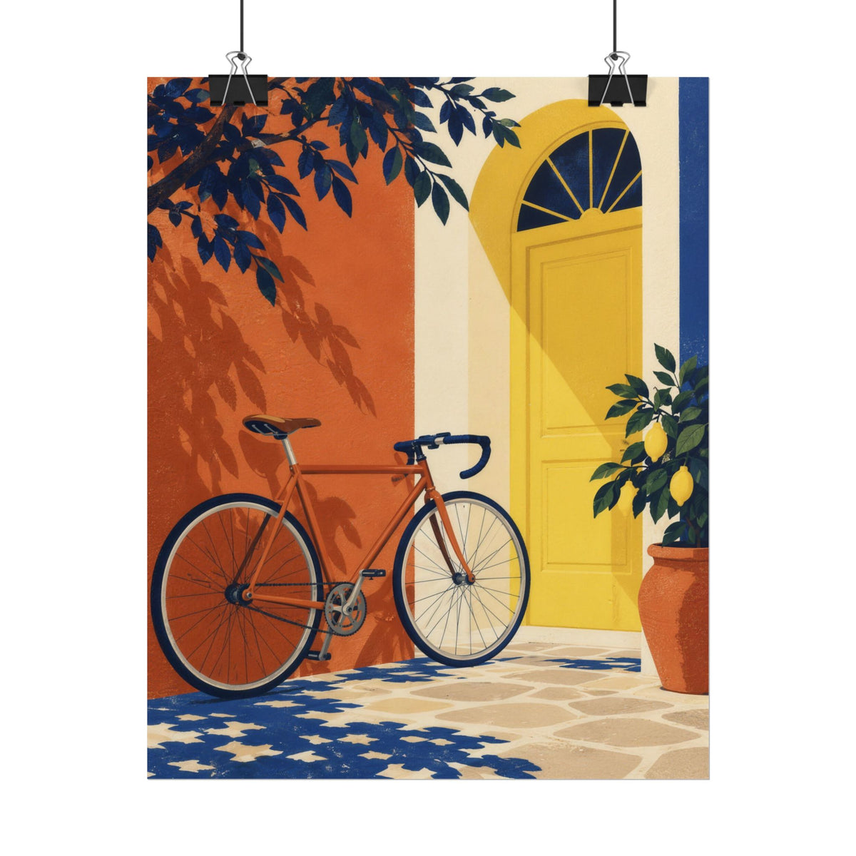 Pedal & Pause art print by Cozy Prints UK: bicycle beside a yellow doorway, terracotta wall and leafy plants.