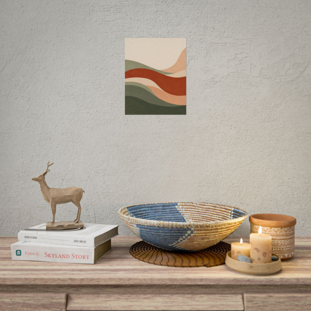 Soft Landing art print by Cozy Prints UK: flowing abstract shapes in sage, rust, peach and warm cream.