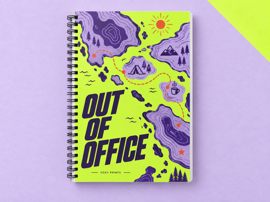 Out of Office A5 wirebound notebook with a bright lime and purple map-style cover on a lavender backdrop.