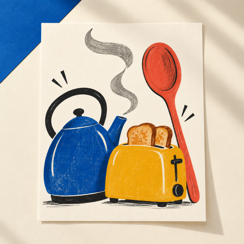 Kitchen Chorus unframed print showing a blue kettle, yellow toaster and red spoon on a cream and blue backdrop.