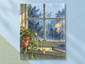 Rain at the Window unframed print with a rainy blue window, trailing houseplant and books on a blue and sage backdrop.