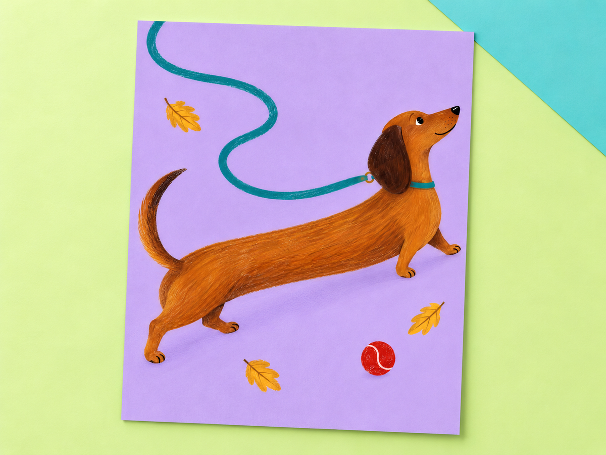 Long Dog, Big Day unframed dachshund print in lavender and teal on a bright lime and turquoise backdrop.