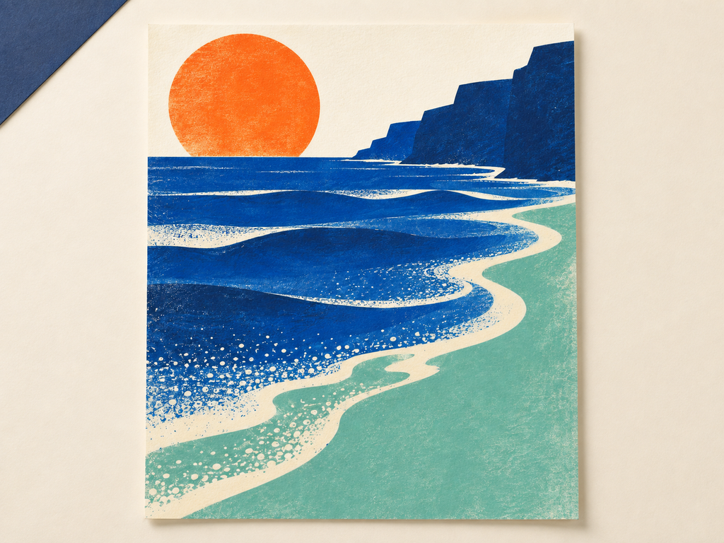 Sea Level unframed coastal print with blue waves and an orange sun on a cream backdrop with a navy corner.