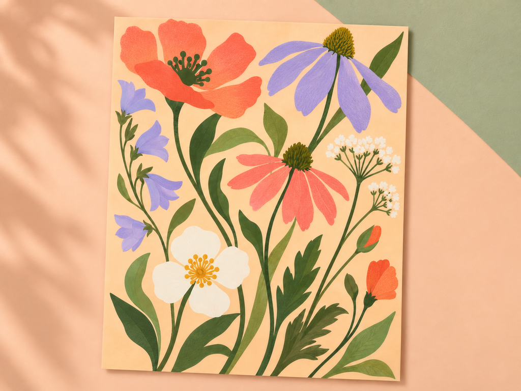 Pocket Meadow unframed wildflower print in coral, lilac and green on a peach and sage backdrop.