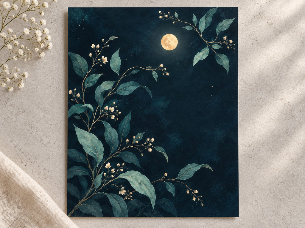 Night Garden unframed print with moonlit botanical branches on a softly lit stone surface.