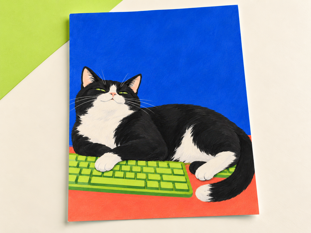 Desk Supervisor unframed print showing a black and white cat on a lime keyboard, on a cream and lime backdrop.