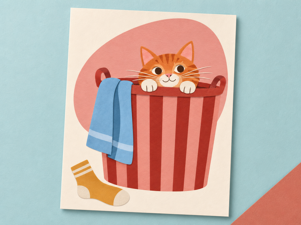 Laundry Day unframed print with a ginger kitten in a striped laundry basket on a pale blue and coral backdrop.