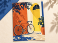 Pedal and Pause unframed print showing a bicycle beside a yellow door on a cream and blue backdrop.