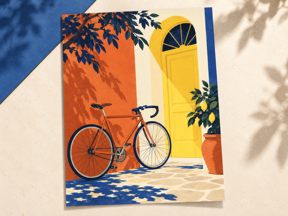 Pedal and Pause unframed print showing a bicycle beside a yellow door on a cream and blue backdrop.