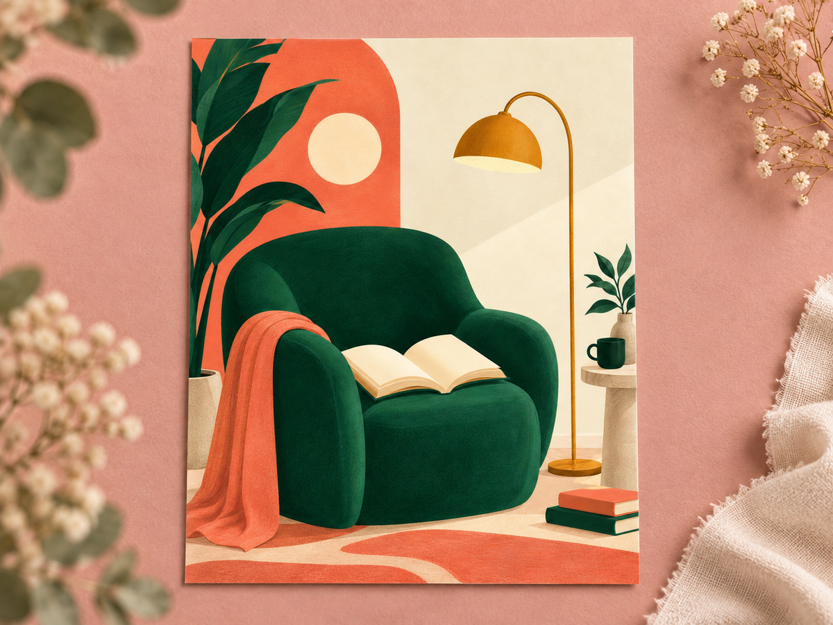 One More Chapter unframed print of a green reading chair, open book and orange blanket on a dusty pink surface.