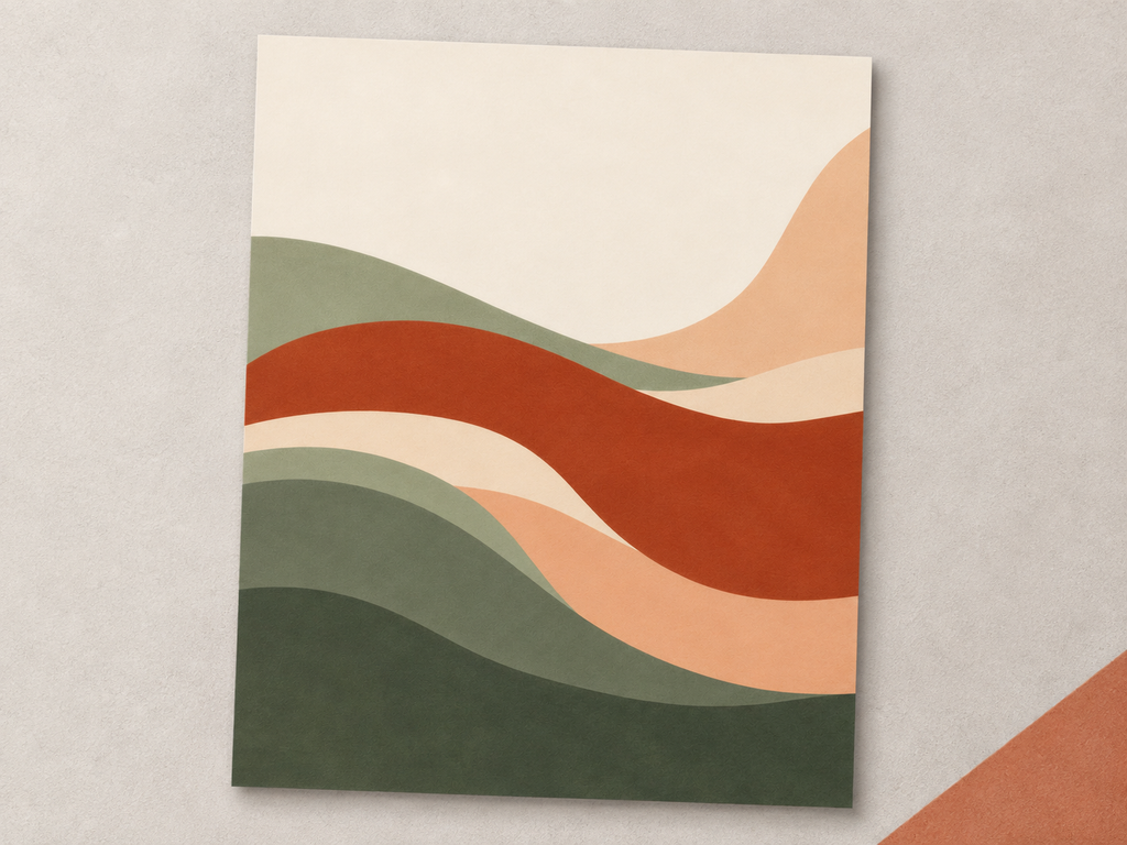 Soft Landing unframed abstract print with sage and terracotta curves on a warm grey surface.