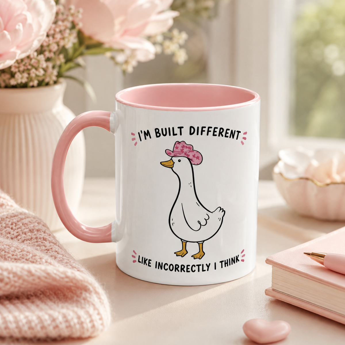 Pink Built Different duck mug styled beside flowers and stationery