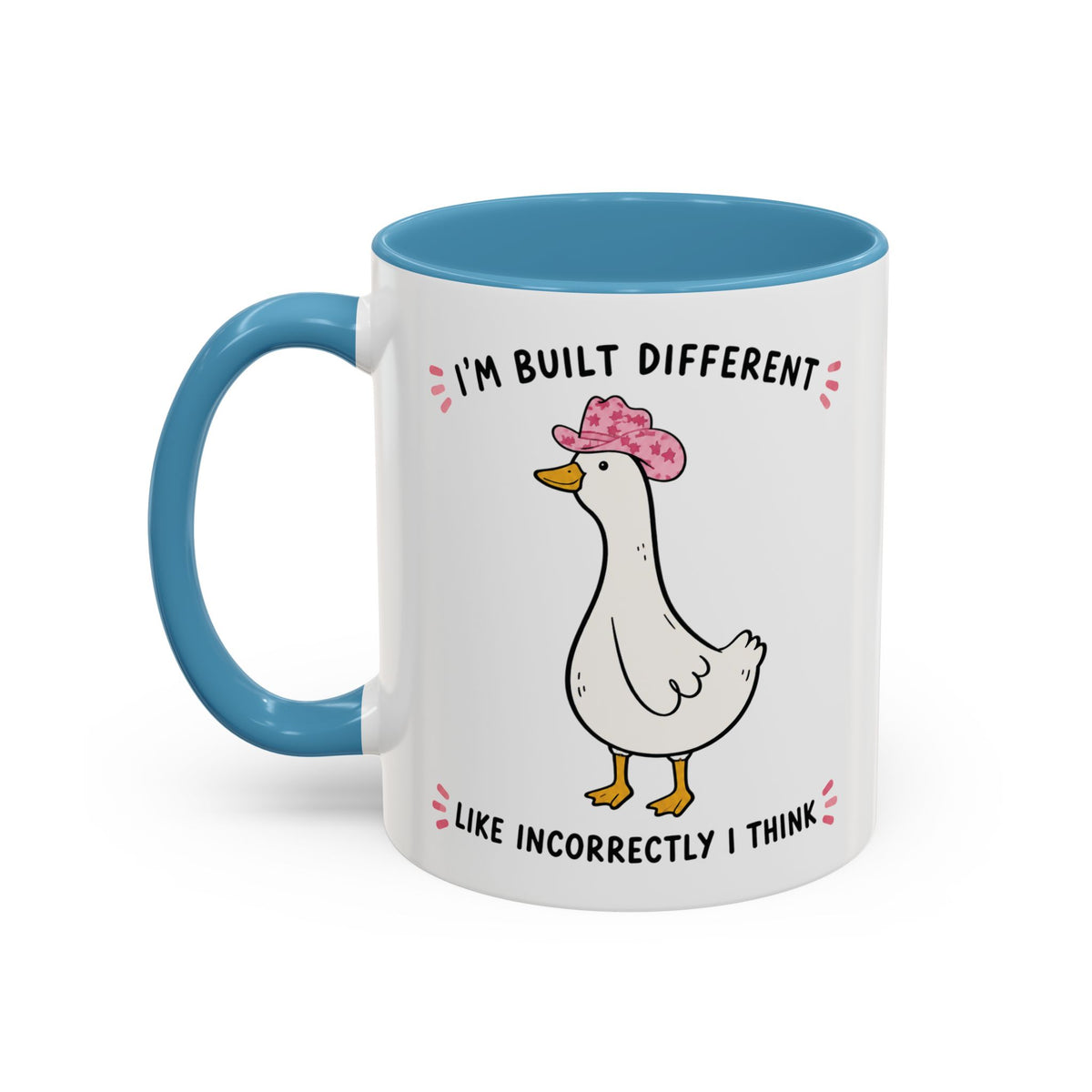 Front view of the light blue Built Different duck accent mug