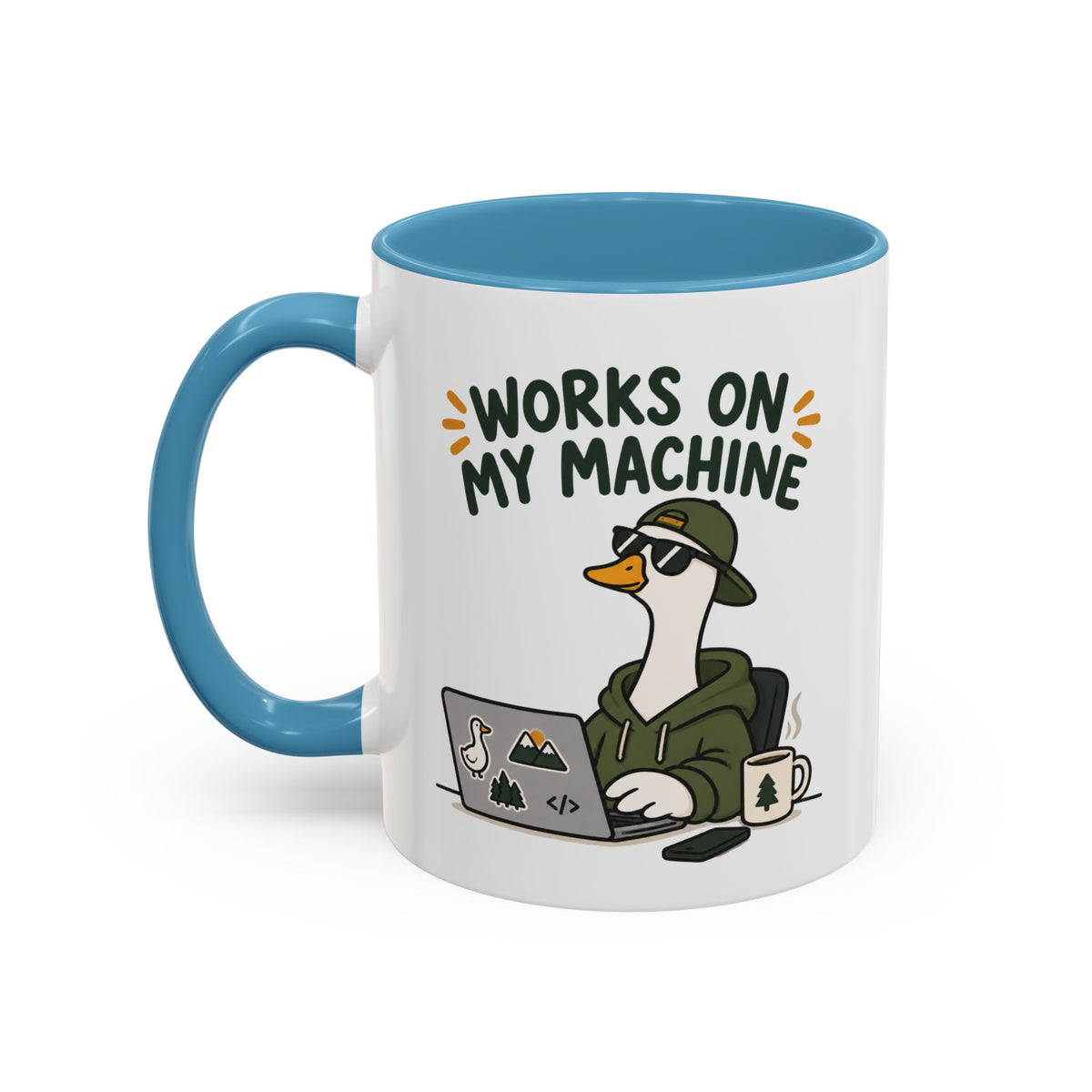 Works on My Machine goose accent mug – light blue
