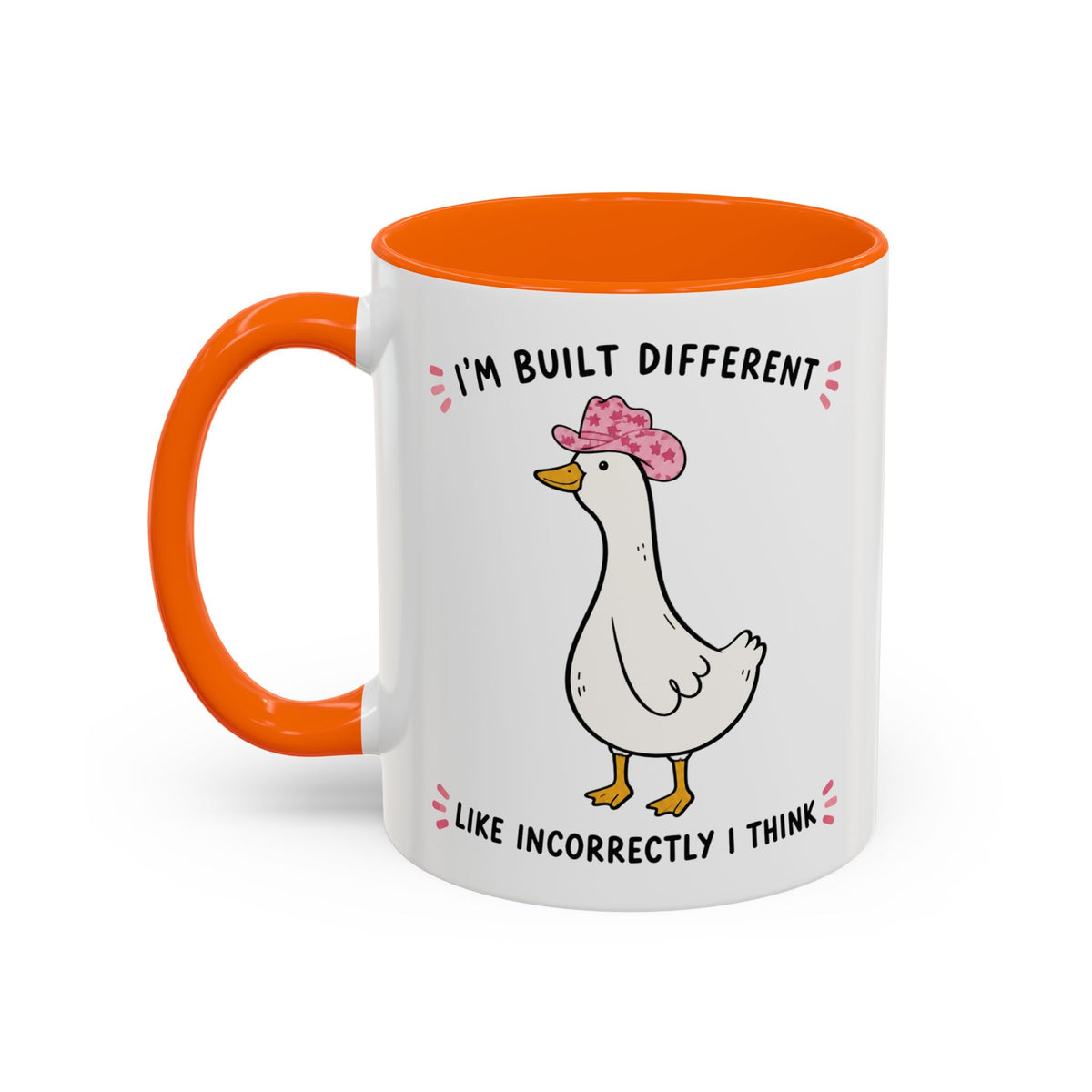 Front view of the orange Built Different duck accent mug