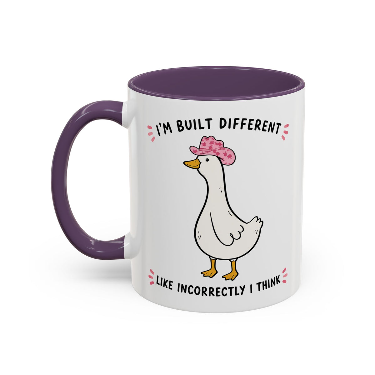 Front view of the purple Built Different duck accent mug
