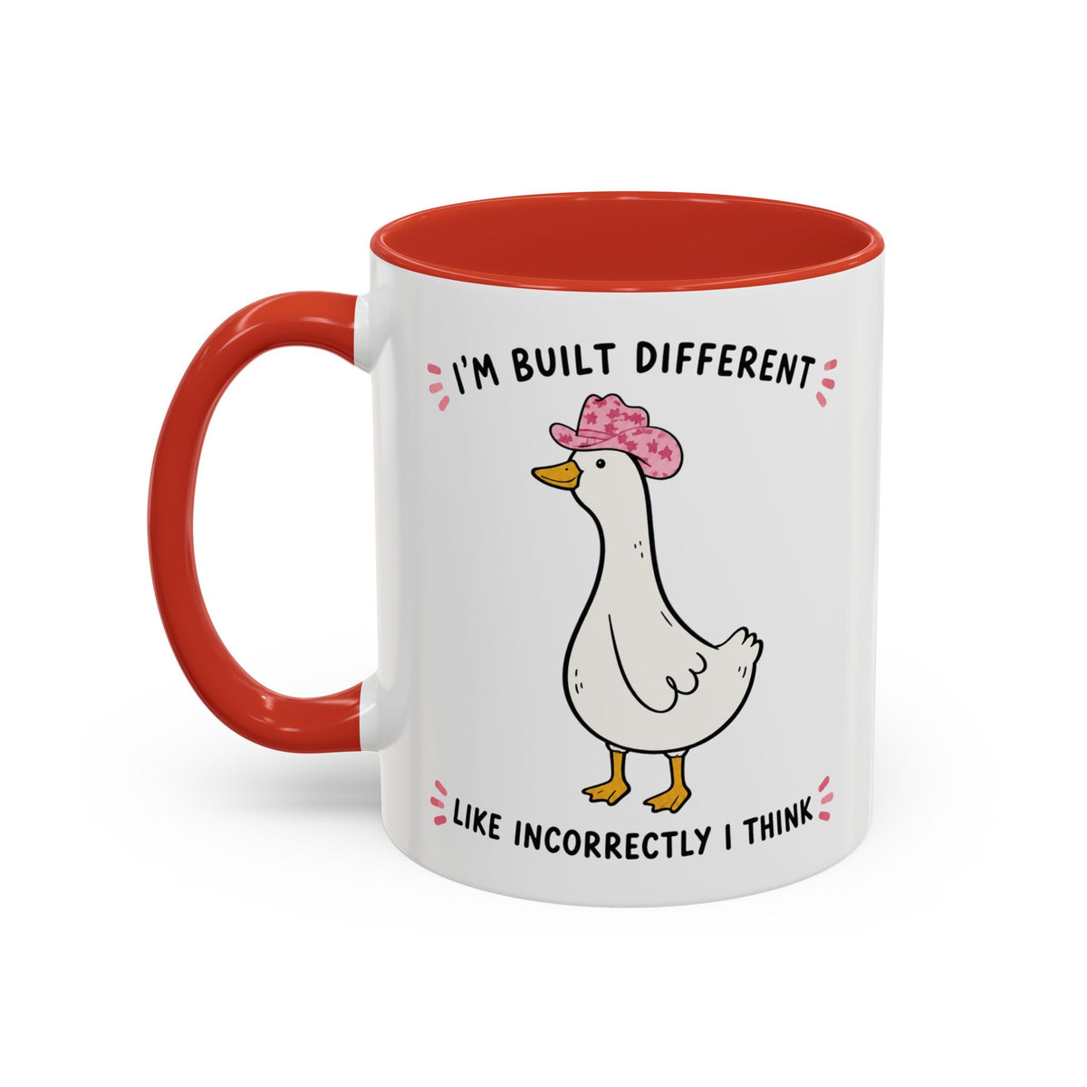 Front view of the red Built Different duck accent mug