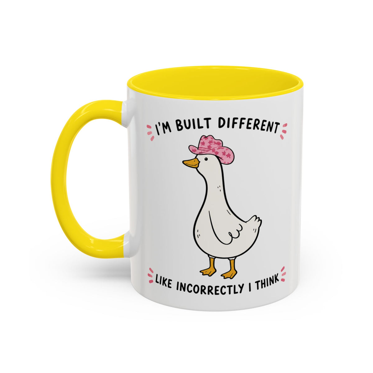 Front view of the yellow Built Different duck accent mug