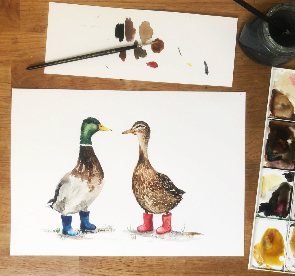 Ducks in Wellies Watercolour Art Print – view 3